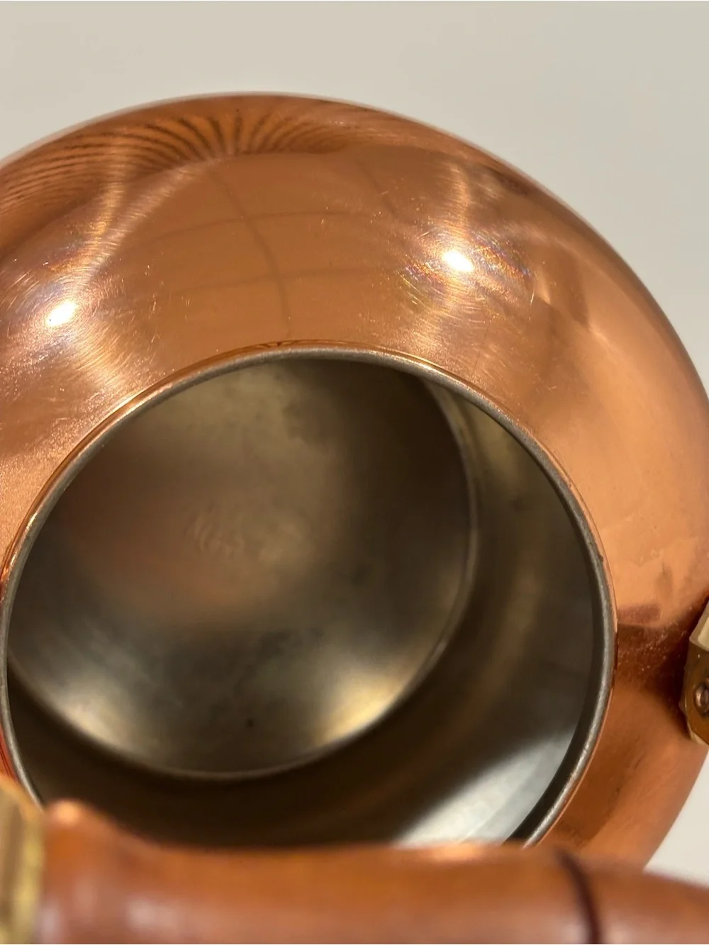 Vintage Copper Teapot with Tin Lining and Wood Handle Made in Portugal